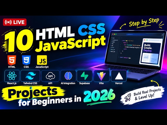 🚀 10 HTML CSS JavaScript Projects for Beginners in 2026 | React, Tailwind, AI, API, Supabase