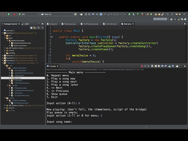 Music play queue in Java implementing a Circular Linked List (course exercise #7) DEMO
