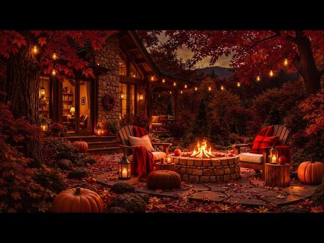 A Warm Fall Night on the Porch 🎃 | Jazz, Fireplace Glow & Pumpkin Lights in the Forest