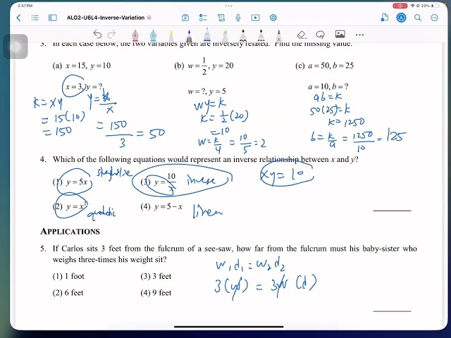 Common Core Algebra 2 Unit 6 Lesson 4 Inverse Variations Homework