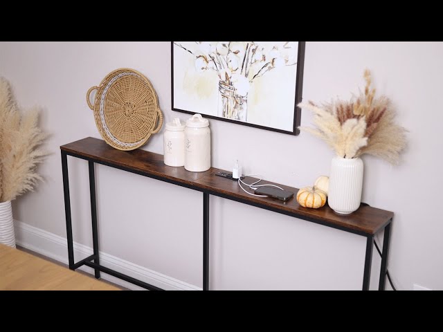 SUPERJARE Console Table with Charging Station, 63’’ Narrow Entryway Table  - Vintage Brown