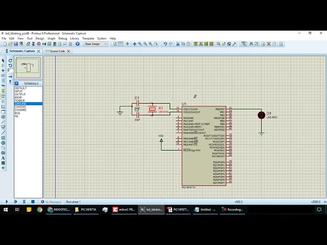 1. LED BLINKING USING PIC16F877A (Coding - MikroC and Simulation - Proteus)