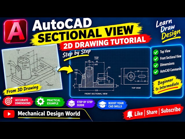 AutoCAD Sectional View  2D Mechanical Drawing Tutorial  Step-by-Step #AutoCAD #CAD #2DDrawing