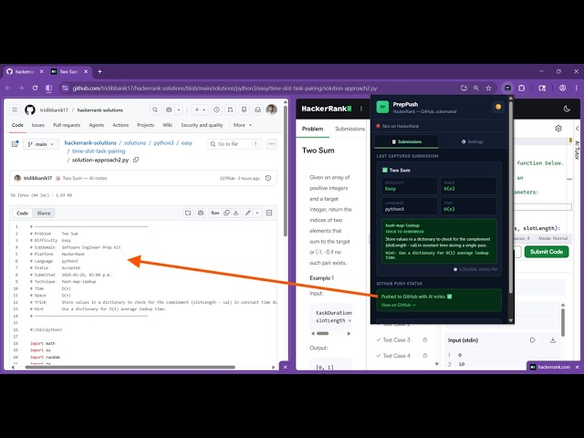 PrepPush Demo + Setup | HackerRank Solutions to GitHub + AI Analysis