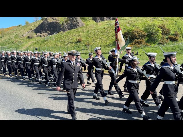 First time Royal Navy march into Holyrood Palace as Royal Guards, supported by Scots Guards Pipes