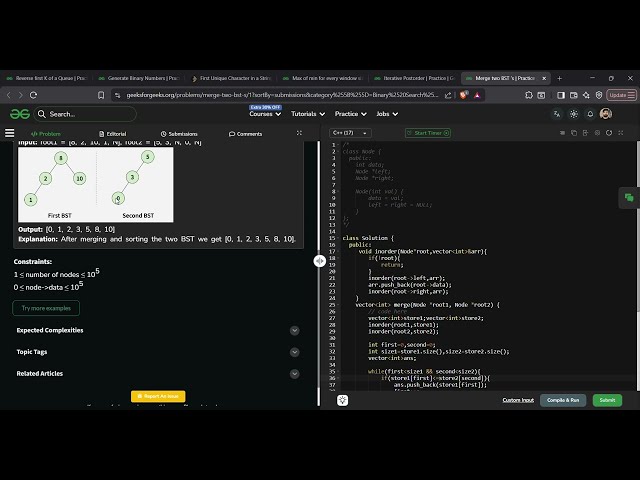 Merge Two BSTs | GFG Solution in C++ | Easy Inorder Merge Explained