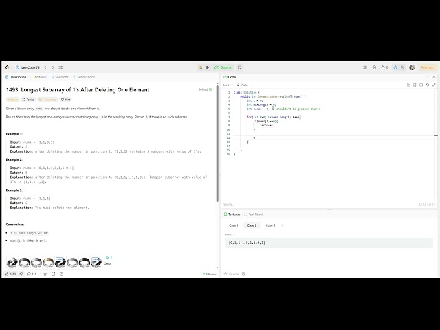 Leetcode 1493. Longest Subarray of 1's After Deleting One Element (Java)