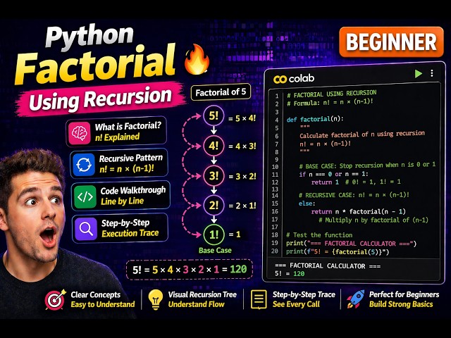 Factorial Using Recursion 🔥 Step-by-Step Explained (Python Beginner Guide)