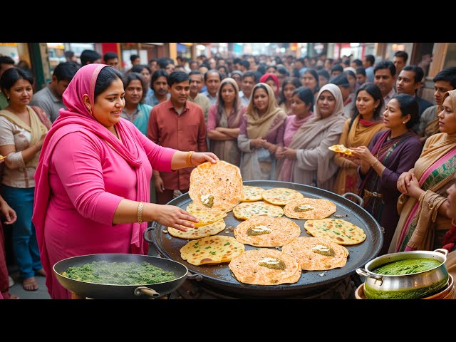 HARDWORKING LADY SELLING ALOO SAAG PARATHA | Roadside Cheapest Breakfast Lahore | Street Food Lahore