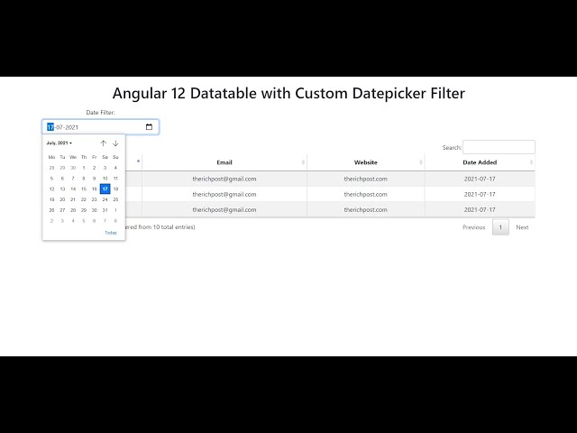 Angular 12 Datatable with custom DatePicker Filter