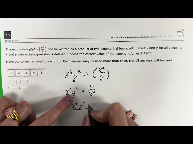 Simplifying Exponential Expressions / x^6y^3 ÷ (x^2/y) // Algebra I STAAR 2023 // 35