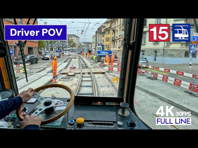 So many track repairs! | 🇨🇭 Cab Ride Zurich Tram 15 Driver's POV | Bucheggplatz - Stadelhofen [4K]