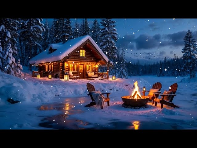 Winter Lakeside Cabin at Sunset 🔥 Cozy Fire Pit, Calm Water Sounds & Snowfall for Study