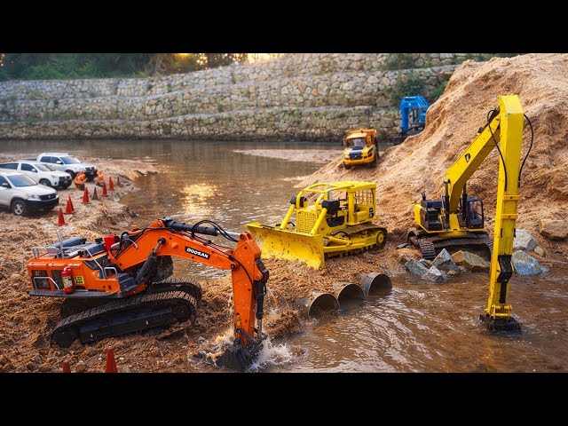 Strong Scale 1/16 : RC Excavator Huina DOOSAN, KOBELCO, CATERPILLAR & BULLDOZER Making Pipeline
