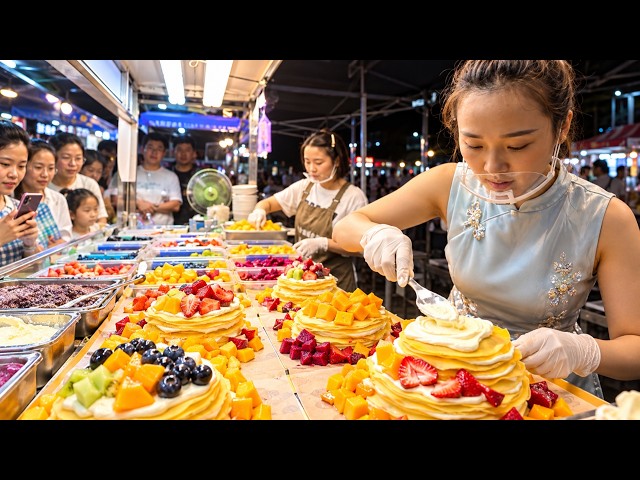 Satisfying Chinese Street Food! Making a Beautiful Fruit Crepe Cake 🍓 | Street Food ASMR