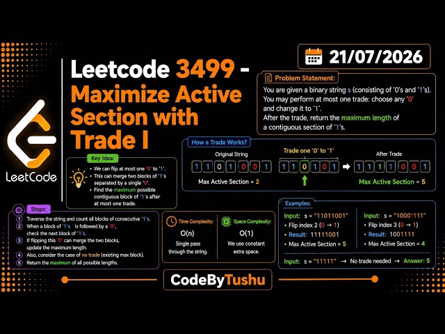 LeetCode 3499 | Maximize Active Section with Trade I | Java Solution | Greedy | String | CodeByTushu