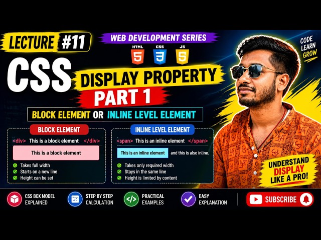 CSS Display Property Explained | Block vs Inline Elements | Lecture #11 Part 1 | Hindi