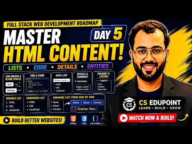 HTML Lists, Details, Code & Entities Explained | HTML5 + CSS Flexbox | Full Stack Day 5