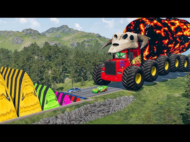 Giant LAVA TANKER Mack Truck VS Cars Lightning McQueen & Police Car Downhill Race - Beamng.Drive