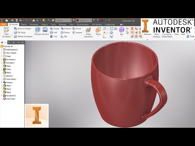 Autodesk inventor tutorial l How to Design a Coffee Mug l Autodesk inventor revolve, swept & Shell