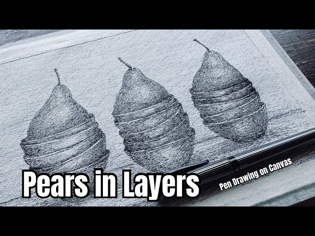Pen Drawing on Canvas: Stacked Still Life - Pears in Layers | Kuning HouseofArt