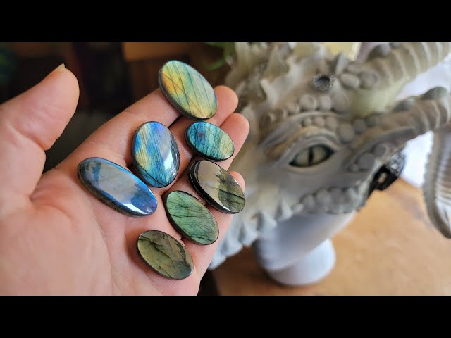 New Cabs! Labradorite and dichroic glass, plus progress on Dragons for Dragon Con!