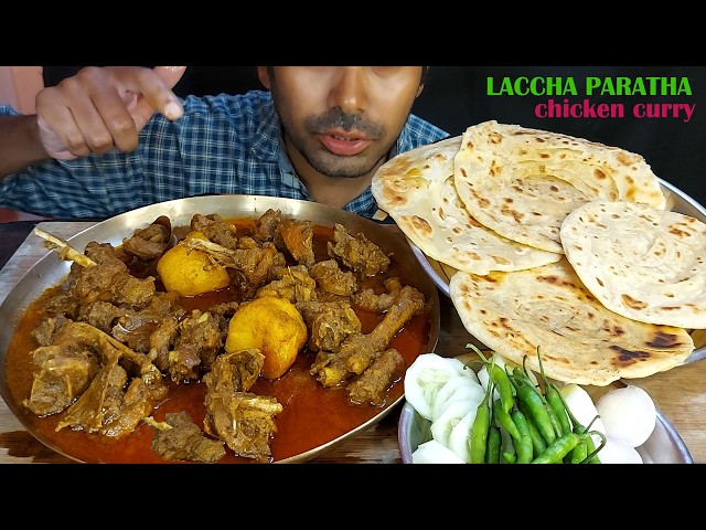 ghar ka LACCHA soft oily paratha and chicken handi masala curry gravy potato sAlad eating show