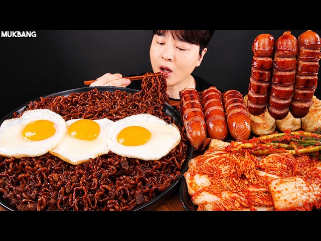 ASMR MUKBANG | Black Bean Noodles, Sausage, Dumpling, Kimchi Korean Food recipe EATING SOUND