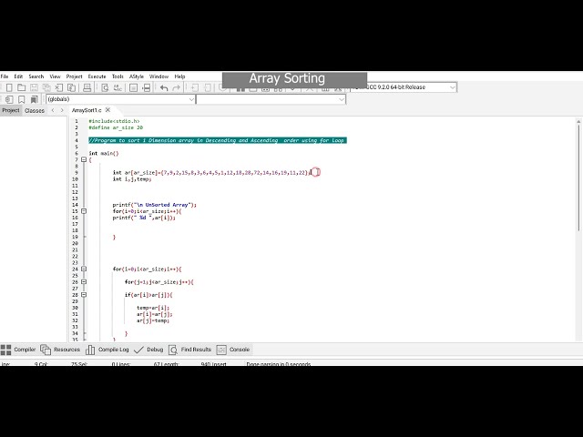 Sorting One Dimensional Array using For Loop in C language