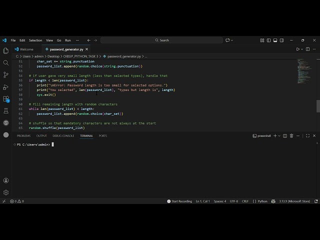 OIBSIP Python Task 3 - Random Password Generator | Oasis Infobyte Internship | Python project