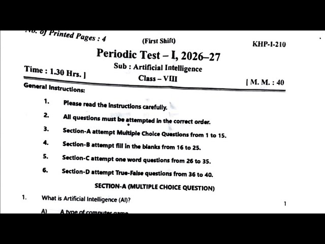 Class-8 AI (Artificial intelligence)/ Periodic Test-1 PT-1 Paper PM SHRI KV Question Paper 2026-27