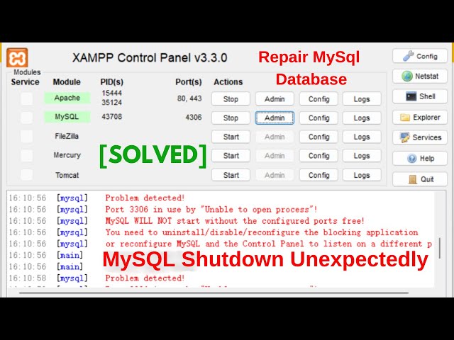 [Solved] XAMPP: MySQL Shut Down Unexpectedly | Repair the Corrupted MySQL Database