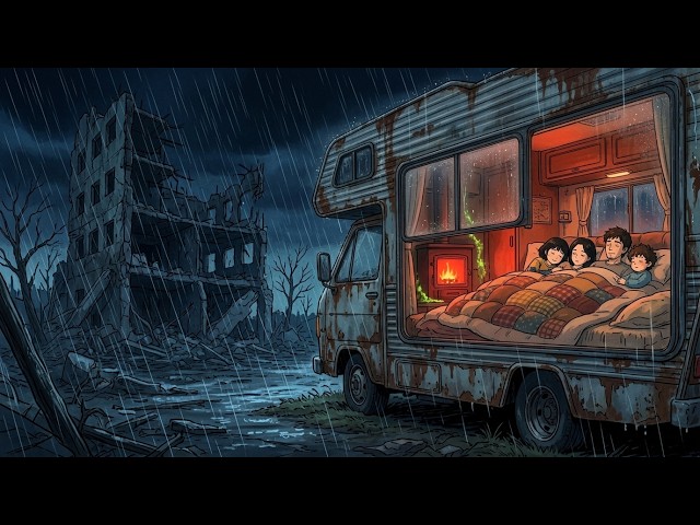 Post-Apocalyptic Rainstorm Night 🚐🌧️ Cozy RV Shelter ASMR | Fire, Rain, Family Survival Sounds