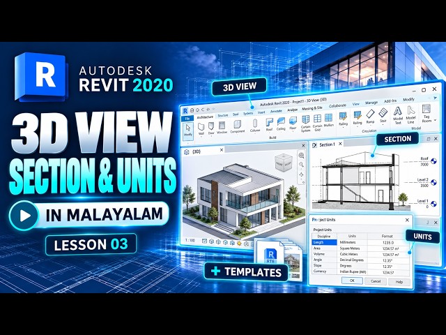 Revit 2020 Malayalam Tutorial | 3D View, Section View, Templates & Units – Lesson 3