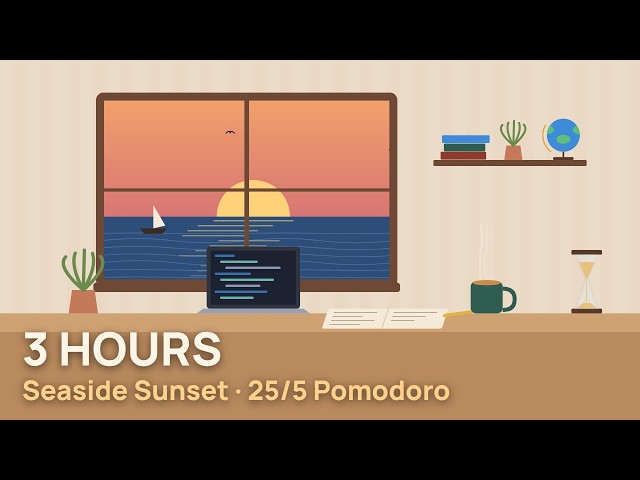 3-Hour Study With Me 🌅 Seaside Sunset & Brown Noise | 25/5 Pomodoro Timer