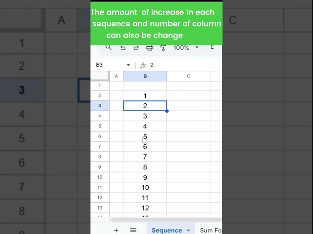 Create a sequential list of numbers using Sequence formula in Google sheets