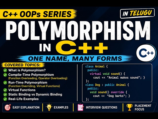 Polymorphism in C++ | Compile Time & Run Time Polymorphism Explained in Telugu | OOPs Tutorial