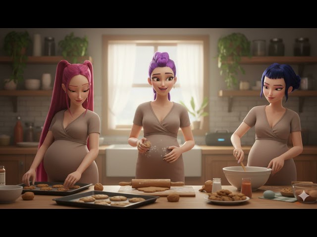 KPop Demon Hunters 2 pregnant Huntrix baking cookies with music filling the kitchen