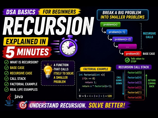 🔥 Recursion Explained in 5 Minutes | Base Case & Recursive Case | DSA Basics for Beginners