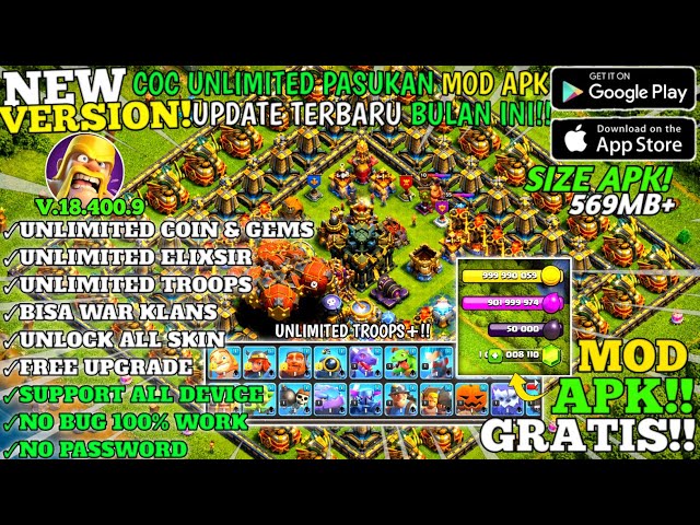 NEW UPDATE‼️COC MOD APK TERBARU 2026!! V18.400.9 UNLIMITED PASUKAN & UNLIMITED COIN,GEMS NO PASSWORD