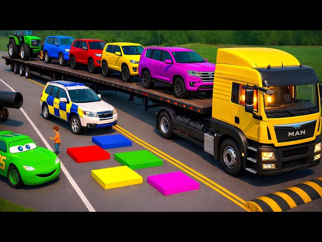 Double Flatbed Truck McQueen | Truck Transport vs Extreme Speed Bumps #87 - BeamNG.drive 🚛💥