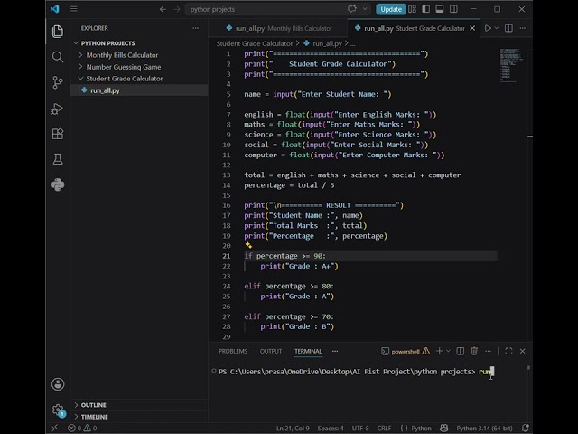 PYTHON BEGINNER PROJECT 🚀MARKS → GRADE 📊