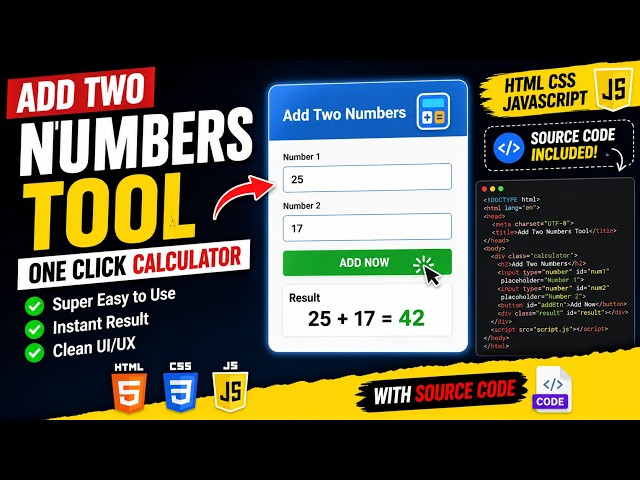 How to Create Add Two Numbers Tool | One Click Calculator (HTML CSS JavaScript)