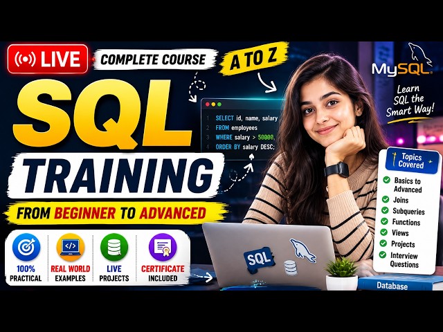 🔴 LIVE: Complete SQL Course for Beginners to Advanced | SQL Full Course A to Z | MySQL + Projects