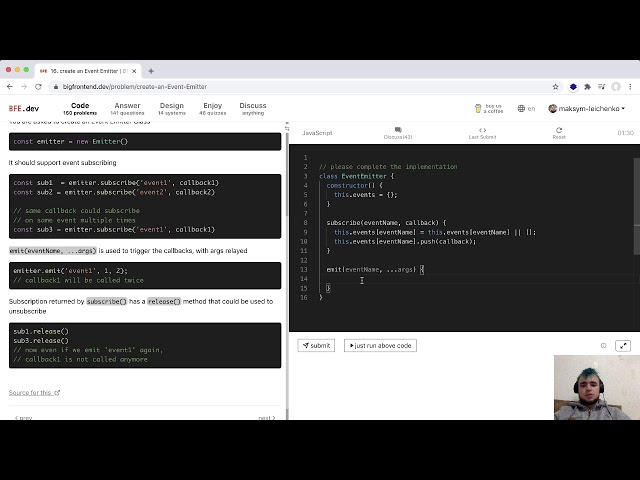 bigfrontend.dev | 16. create an Event Emitter