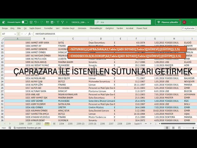 Excel 1 Dakika - ÇAPRAZARA İLE İSTENİLEN SÜTUNLARI GETİRMEK