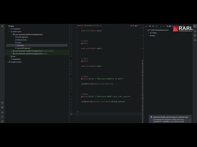 task 6:  Notes App in Android Studio | Room Database Tutorial with CRUD Operations  [XML + Java].
