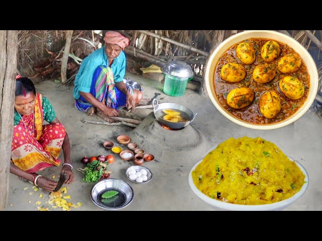 SPECIAL EGG CURRY and KUMRO VORTA cooking for lunch menu by santali tribe old couple