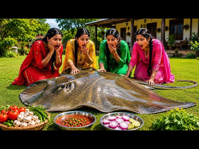 🐟 Giant Stingray Fish Cooking in Indian Village | 5 Behnon Ne Pakdi Massive Stingray 