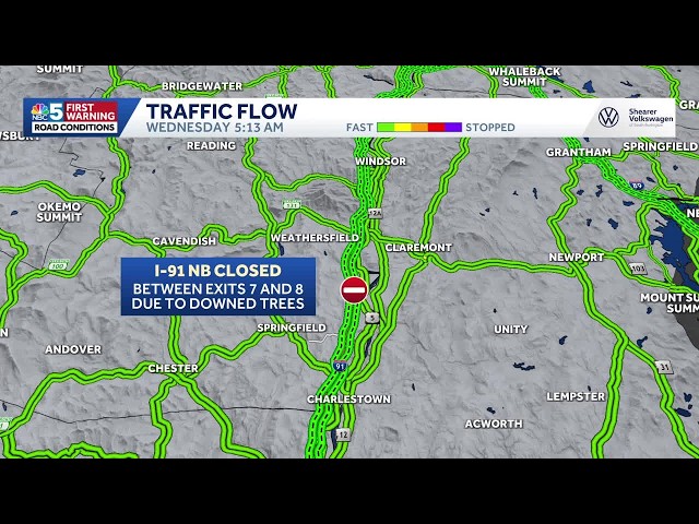 I-91 Northbound closed between Springfield and Weathersfield due to downed trees